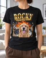 Woman wearing a black custom dog bootleg t-shirt with the name Rocky in gold chrome letters and three big dog faces in front of fire smoke and lightning