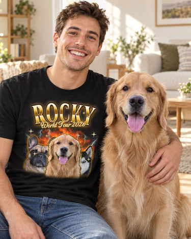 Smiling man with his golden retriever wearing a black big face bootleg t-shirt that shows the same dog with the name Rocky in gold lettering