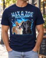 Man wearing a navy big face pet t-shirt with the name Max and Zoe in ice blue chrome lettering and two big dog faces with blue smoke and lightning