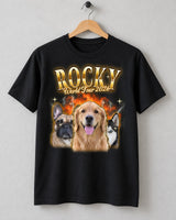 Black custom big face dog bootleg t-shirt on a wooden hanger with the name Rocky in gold chrome letters