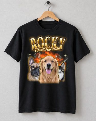 Black custom big face dog bootleg t-shirt on a wooden hanger with the name Rocky in gold chrome letters