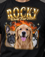 Close-up of the full-color print on a black big face bootleg t-shirt: Rocky in gold chrome lettering with three big dog faces, smoke and lightning