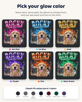 Six glow colors for the big face pet bootleg t-shirt: hot pink, ice blue, gold, purple, fire and neon green, plus seven shirt colors