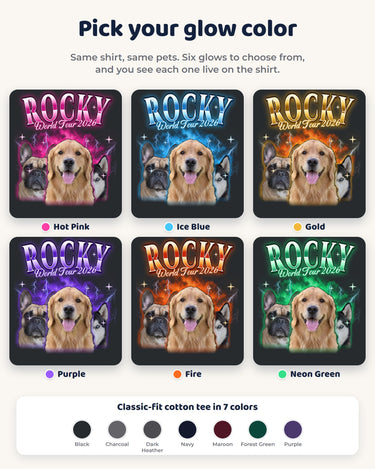 Six glow colors for the big face pet bootleg t-shirt: hot pink, ice blue, gold, purple, fire and neon green, plus seven shirt colors