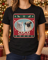 Black pet Christmas photo tee showing Coco with a pug and white cat in a cream stitched oval, red knit field, green bands and MERRY WOOFMAS