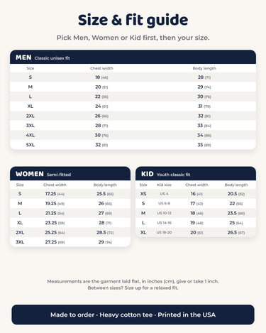 Men, Women and Kid size and fit guide for a pet Christmas photo tee, with chest width and body length in inches and centimeters