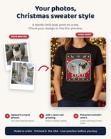 Three steps for a personalized pet Christmas tee: add pet photos, type a name and greeting, then choose sweater print and shirt colors