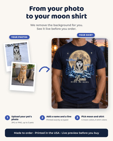 From your photo to your moon shirt: upload a pet photo, add a name and a line, pick the moon color and order