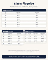 Size and fit guide for the pet sketch t-shirt in Men, Women and Kid, chest width and body length in inches and centimeters