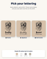 Three name lettering styles for the pet sketch t-shirt: marker, signature and bold marker, plus four light shirt colors