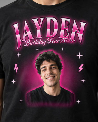 Close-up of the glowing portrait print on a black custom face bootleg rap tee with chrome lettering