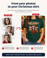 From your photos to your face Christmas shirt: upload 1 to 5 photos, add a name and a line, pick the lettering style and order