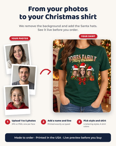 From your photos to your face Christmas shirt: upload 1 to 5 photos, add a name and a line, pick the lettering style and order