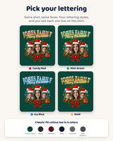 Four lettering styles for the face Christmas t-shirt: candy red, mint green, icy blue and gold, plus six shirt colors