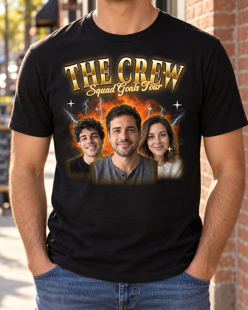 Man wearing a black custom face collage t-shirt with three big faces, smoke and lightning, gold chrome lettering The Crew and Squad Goals Tour
