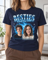 Woman wearing a navy custom face collage t-shirt with two big faces in an ice blue glow and the name Besties