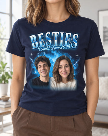 Woman wearing a navy custom face collage t-shirt with two big faces in an ice blue glow and the name Besties