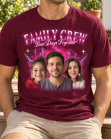 Man sitting on porch steps wearing a maroon custom face collage t-shirt with three faces in a hot pink glow and the name Family Crew