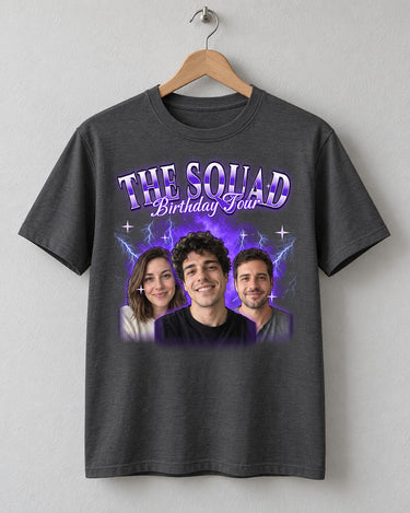 Charcoal custom face collage t-shirt on a wooden hanger with three big faces in a purple glow and the name The Squad