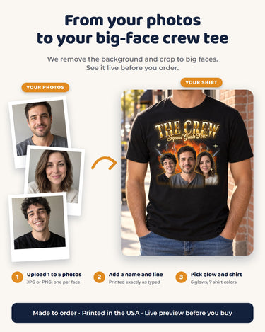 From your photos to your big-face crew tee: upload 1 to 5 photos, add a name and a line, pick the glow color and order