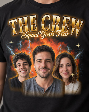 Close-up of the print on a black custom face collage t-shirt: three big faces, smoke and lightning with gold chrome lettering