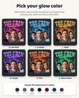 Six glow colors for the custom face collage t-shirt: hot pink, ice blue, gold, purple, fire and neon green, plus seven shirt colors