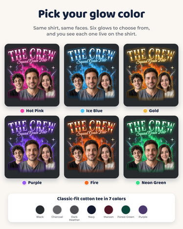 Six glow colors for the custom face collage t-shirt: hot pink, ice blue, gold, purple, fire and neon green, plus seven shirt colors