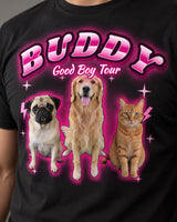 Close-up of the full-color print on a black pet bootleg t-shirt: Buddy in pink chrome lettering with a pug, a golden retriever and a tabby cat