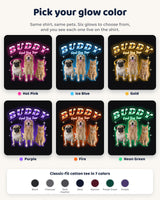 Six glow colors for the pet bootleg t-shirt: hot pink, ice blue, gold, purple, fire and neon green, plus the seven shirt colors