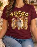Woman wearing a maroon pet bootleg t-shirt with the name Simba in gold lettering and a corgi, a golden retriever, a pug and a tabby cat