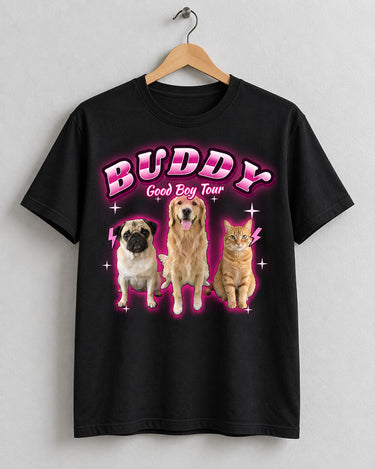 Black custom pet bootleg t-shirt on a wooden hanger with the name Buddy in pink chrome letters and three pets