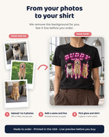 Three pet photos turned into a custom pet bootleg shirt: upload your photos, add a name, pick the glow and shirt color