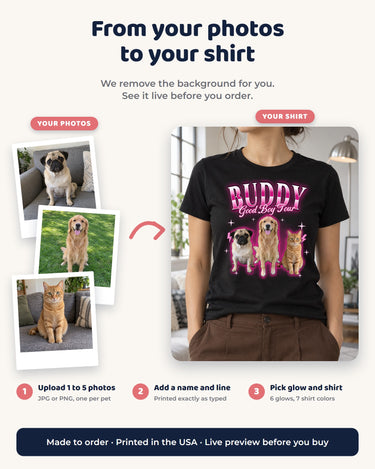 Three pet photos turned into a custom pet bootleg shirt: upload your photos, add a name, pick the glow and shirt color