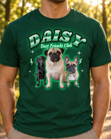 Man wearing a forest green pet bootleg t-shirt with the name Daisy in neon green lettering and a pug, a black Labrador and a French bulldog
