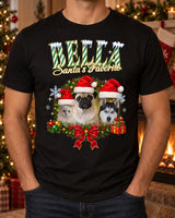Man wearing a black pet Christmas t-shirt with the name Bella in mint green candy-cane lettering and three pets in Santa hats inside a holly wreath