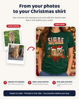 From your photos to your Christmas shirt: upload pet photos, add a name, pick the lettering style and shirt color