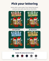 Four lettering styles for the pet Christmas t-shirt: candy red, mint green, icy blue and gold, plus six shirt colors