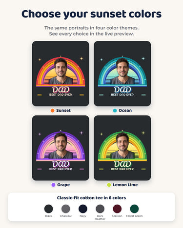 Sunset, Ocean, Grape and Lemon Lime color themes for the custom retro portrait shirt, with the same photos and words shown in each theme.