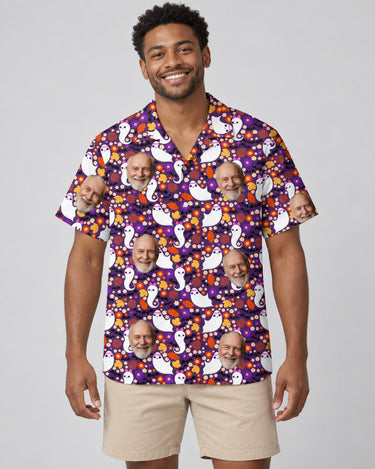 Cute Ghost Halloween Hawaiian shirt with printed faces, worn by a man