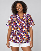 Cute Ghost Halloween Hawaiian shirt with printed faces, worn by a woman