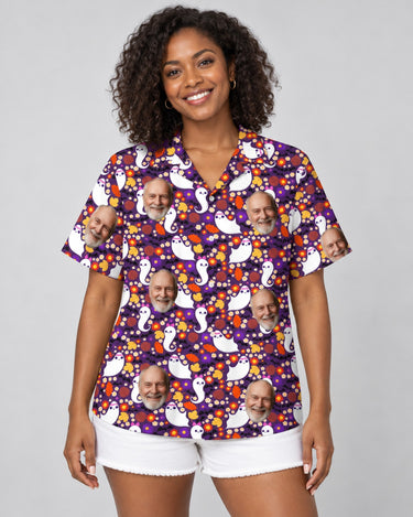 Cute Ghost Halloween Hawaiian shirt with printed faces, worn by a woman