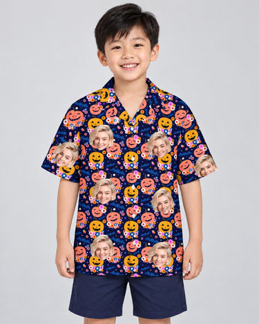 Cute Pumpkin Halloween Hawaiian shirt with printed faces, worn by a child