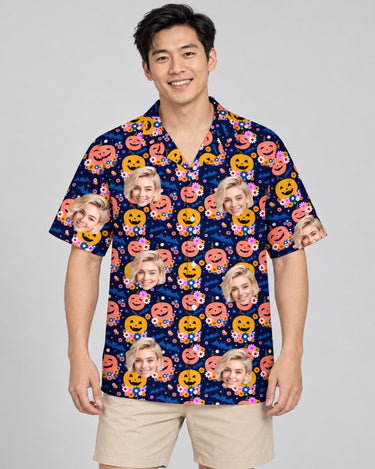 Cute Pumpkin Halloween Hawaiian shirt with printed faces, worn by a man