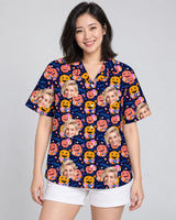 Cute Pumpkin Halloween Hawaiian shirt with printed faces, worn by a woman
