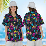 Woman wearing the Cyberpunk Sci-Fi Hawaiian Shirt with custom faces, front and back view