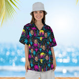 Woman wearing the Cyberpunk Sci-Fi Hawaiian Shirt with custom faces