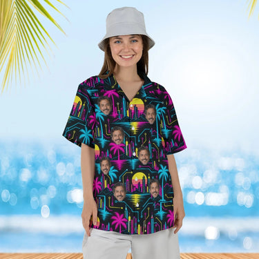 Woman wearing the Cyberpunk Sci-Fi Hawaiian Shirt with custom faces
