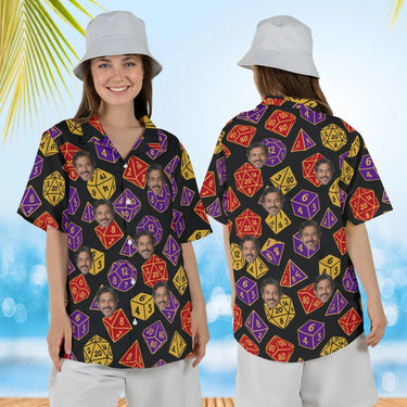 Woman wearing the D20 Dice Tabletop RPG Hawaiian Shirt with custom faces, front and back view