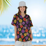 Woman wearing the D20 Dice Tabletop RPG Hawaiian Shirt with custom faces