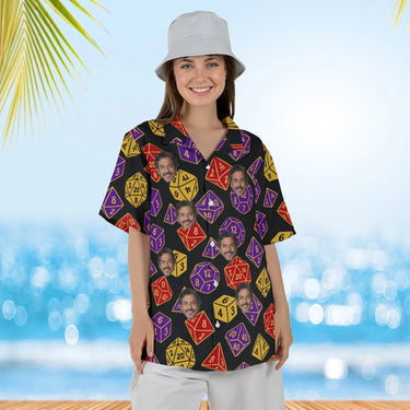 Woman wearing the D20 Dice Tabletop RPG Hawaiian Shirt with custom faces